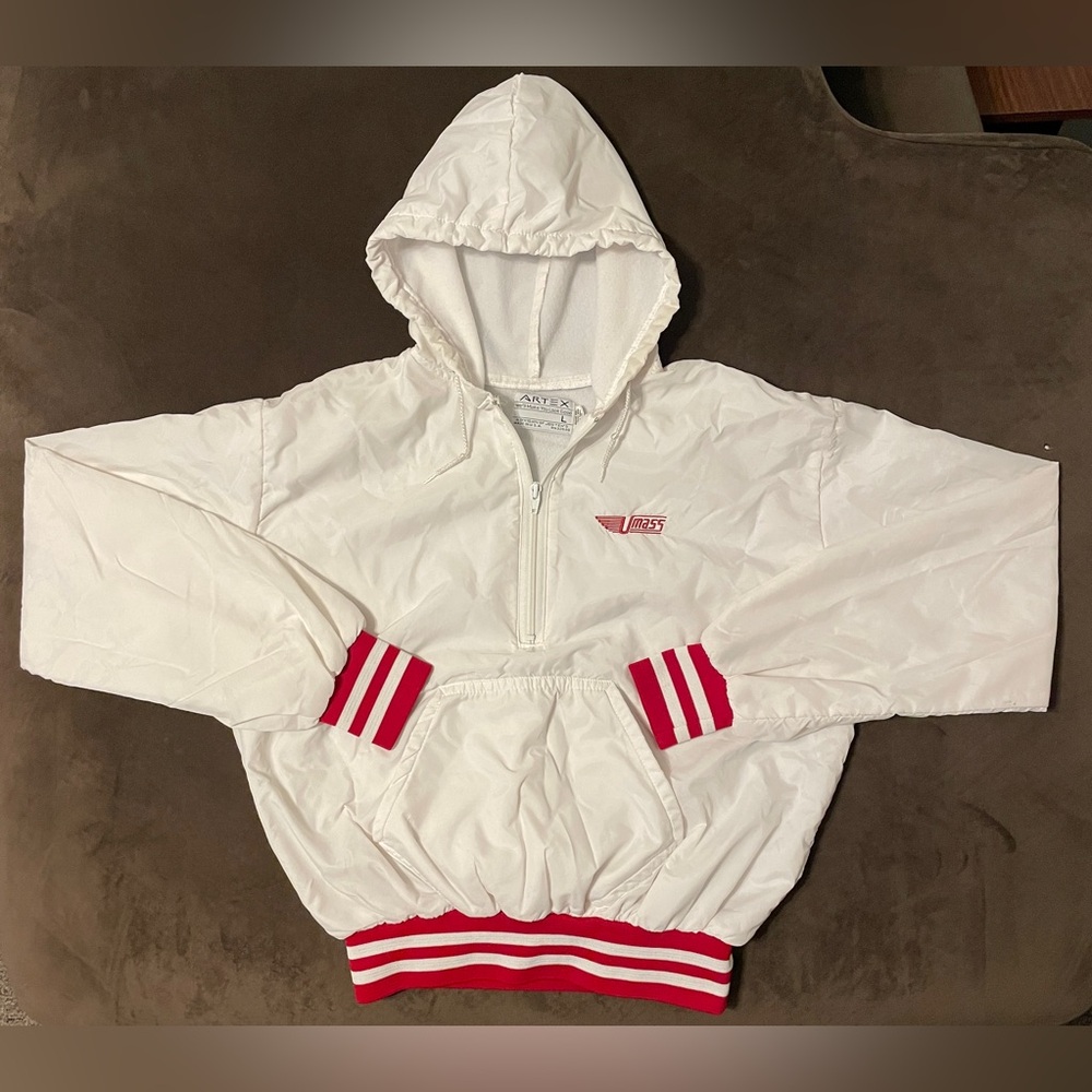 Vintage 90s Artex Umass University Half Zip Pocket White Red Windbreaker Large